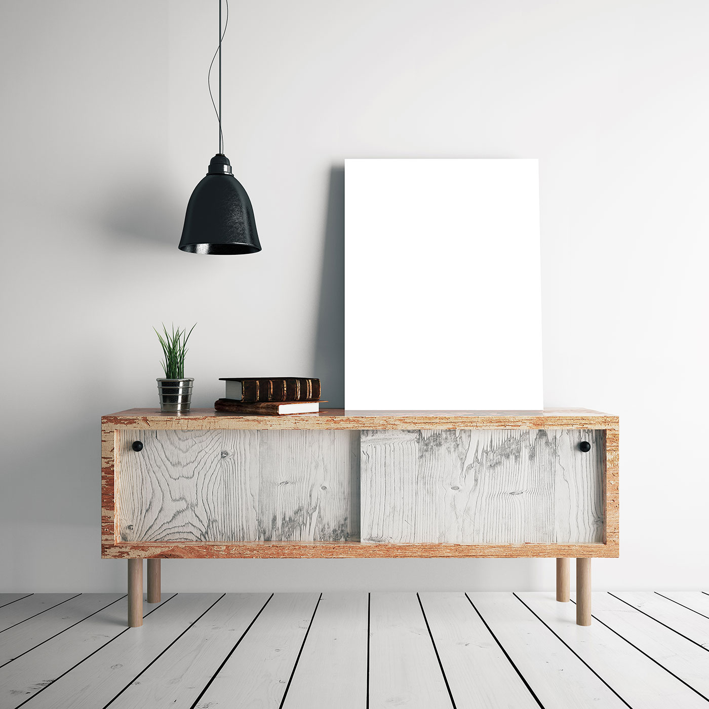 desk with sliding door with 16x20 black canvas laying on top